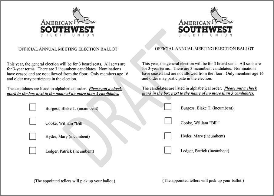 draft ballot. Candidate Burgess Blake T. (incumbent), Candidate Cooke, William "Bill", Candidate Hyder, Mary (incumbent), Candidate Ledger, Patrick (incumbent). All candidates are listed in alphabetical order.